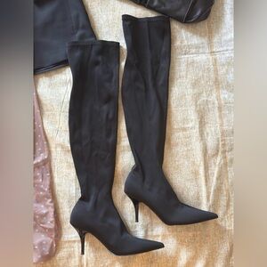 Black Satin Over-the-Knee Pointed Toe Stiletto Boots